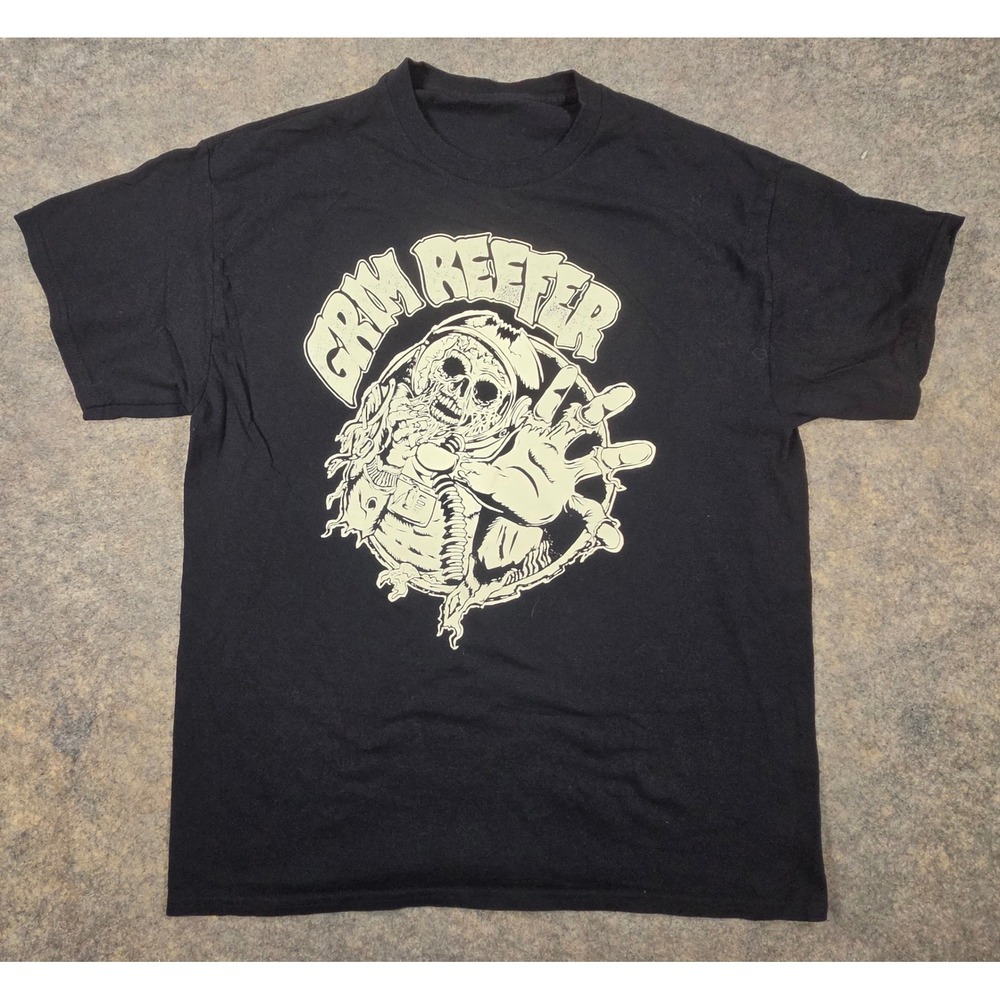 Grim Reefer Graphic T-Shirt Black Skeleton Astronaut Mens Large Band